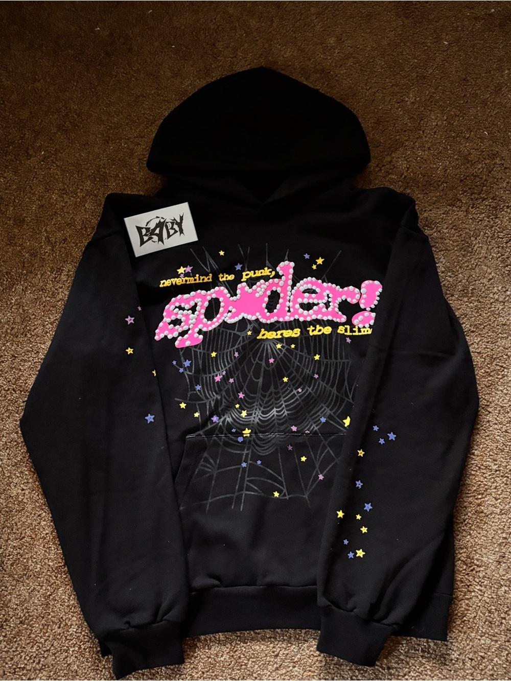 SP5DER V2 PUNK Graphic Black Hoodie with Pink Puff Print Logo